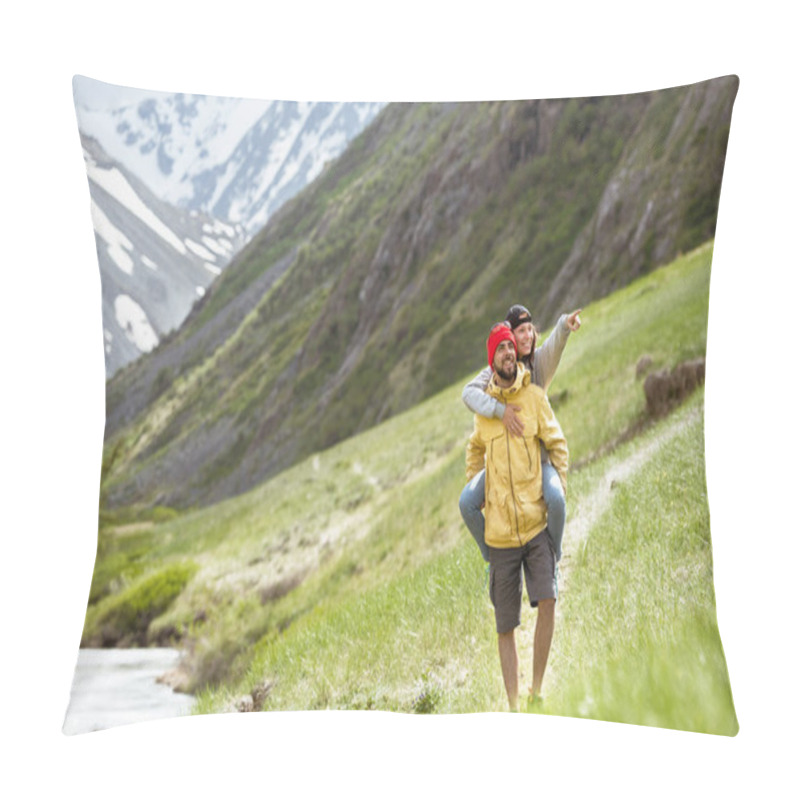 Personality  Happy Couple Walk Mountains Piggyback Pillow Covers