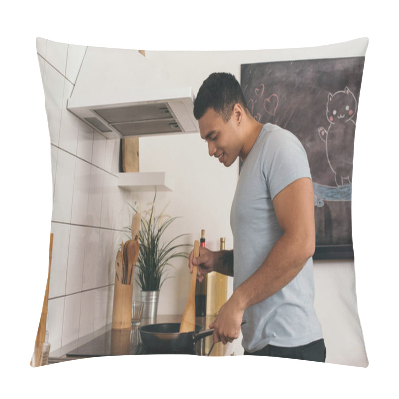 Personality  Selective Focus Of Cheerful Bi-racial Man Holding Wooden Spatula Near Frying Pan  Pillow Covers