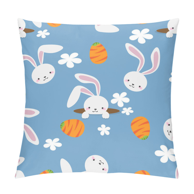 Personality  Happy Easter Seamless Pattern Of Cute White Rabbits With Easter Eggs Drawn As Carrots Pattern And White Flowers On Light Blue Background. Vector Illustration. Pillow Covers