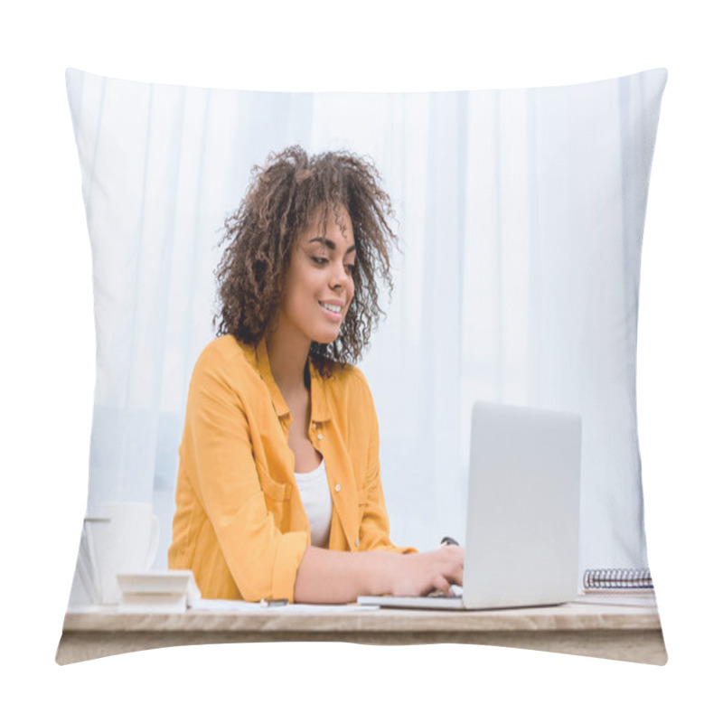 Personality  Beautiful Young Woman Working With Laptop At Office Pillow Covers