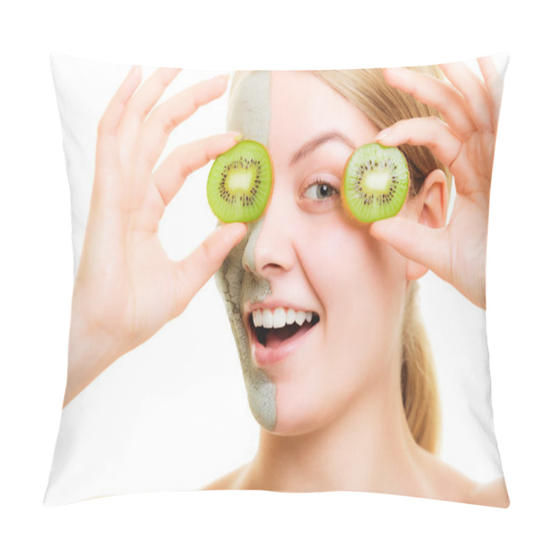 Personality  Skin Care. Woman In Clay Mask With Kiwi On Face Pillow Covers