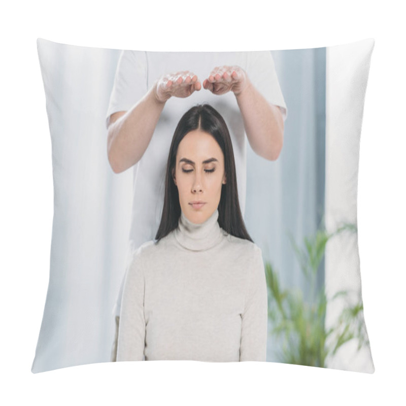 Personality  Calm Young Woman With Closed Eyes Receiving Reiki Healing Treatment Above Head  Pillow Covers