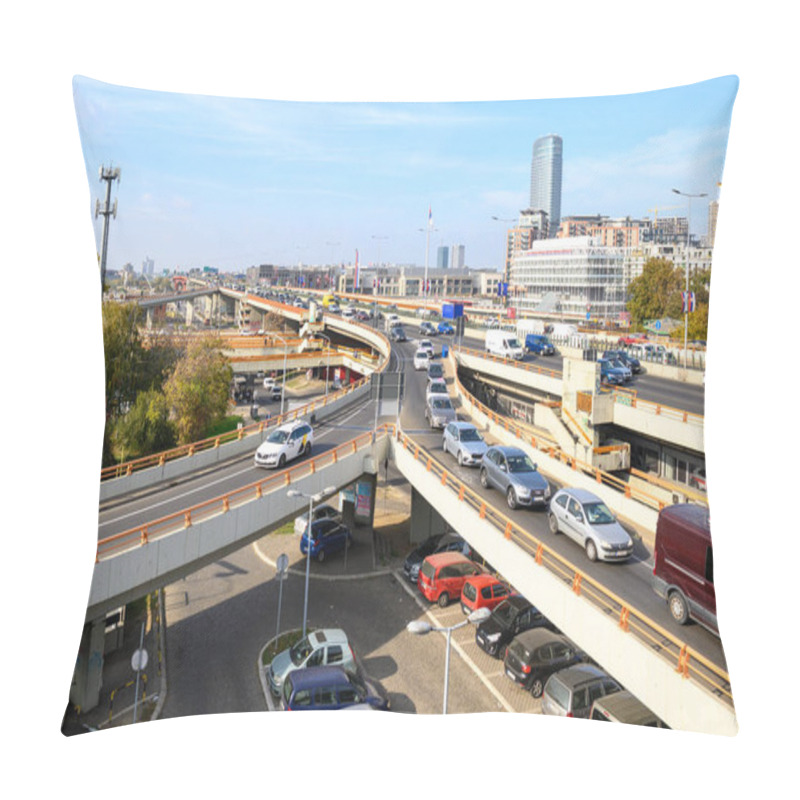 Personality  Mostar Loop Interchange And Urban Highway Over Gazela Bridge (European Route E75) In Belgrade, Capital Of Serbia On 31 October 2024 Pillow Covers