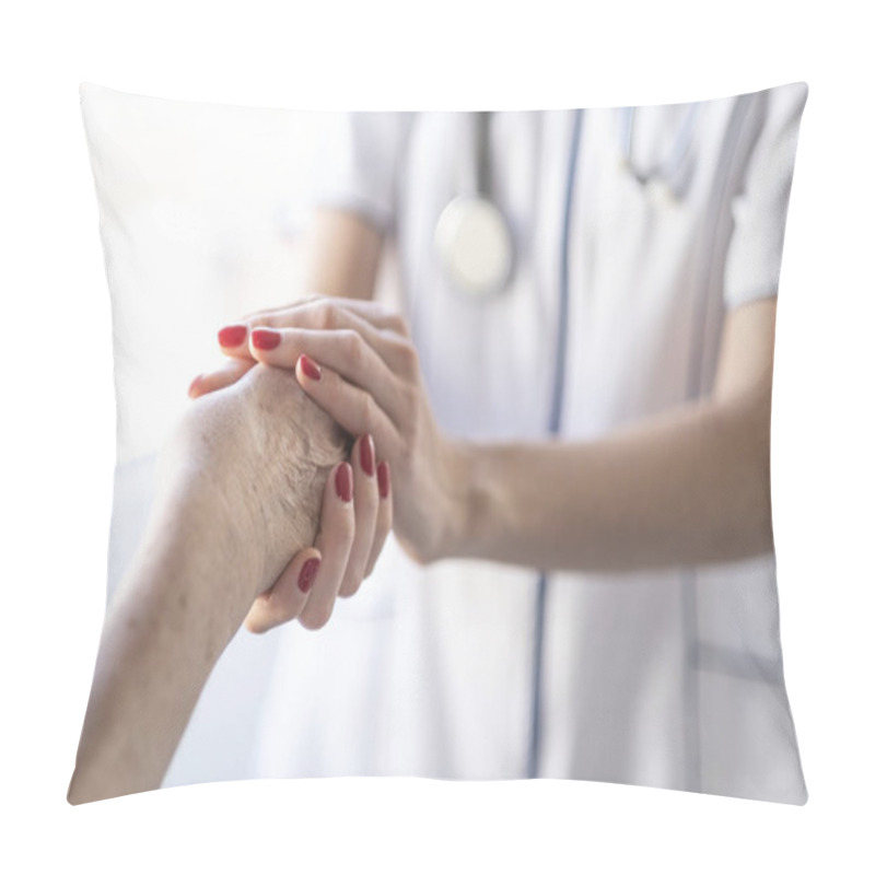 Personality  Patient Care. Young Doctor Is Holding A Hand Of Older Patient. Full Of Trust. Pillow Covers