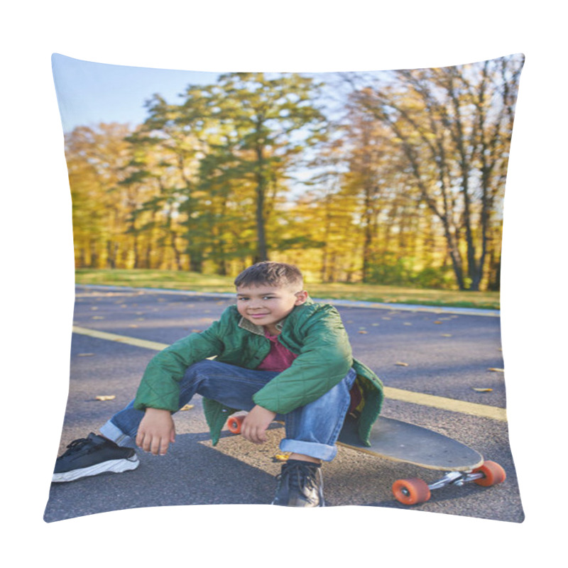 Personality  Cute African American Boy Sitting On Penny Board, Autumn Park, Fall Season, Warm Clothes, Outerwear Pillow Covers