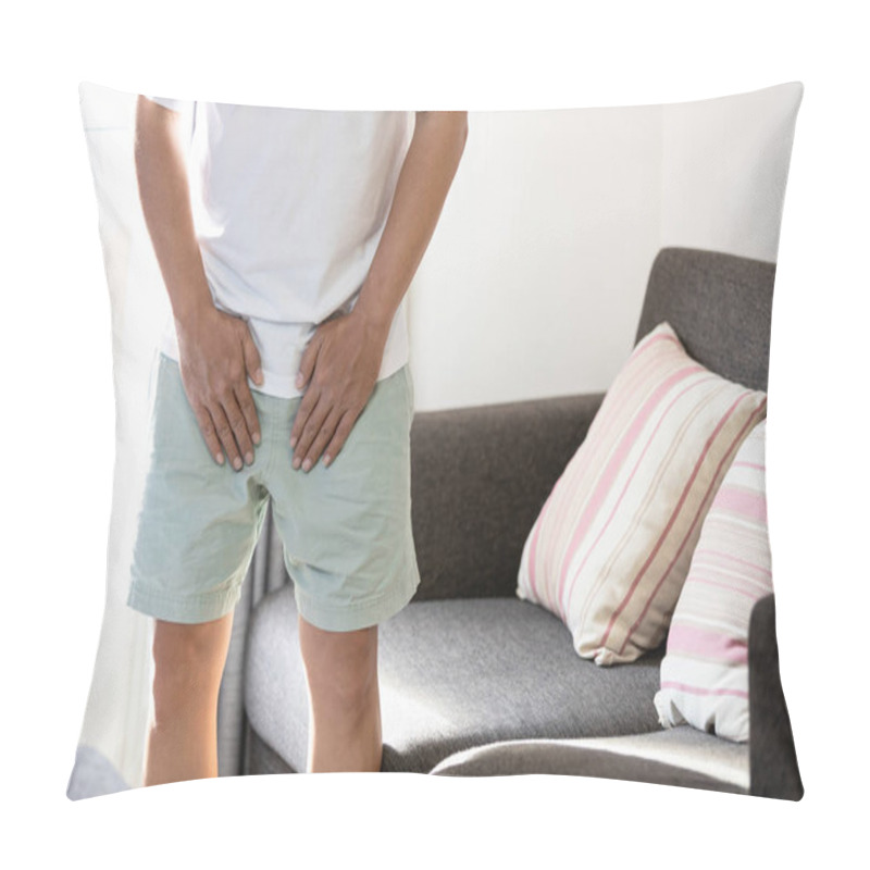 Personality  Asian Middle Aged Man Suffering From Inguinal Hernia,groin Lymph Node Swollen,hernia Pain,male Patient Holding Crotch,groin Strain,painful In Testicle,illness Problems,health Care And Medical Concept Pillow Covers