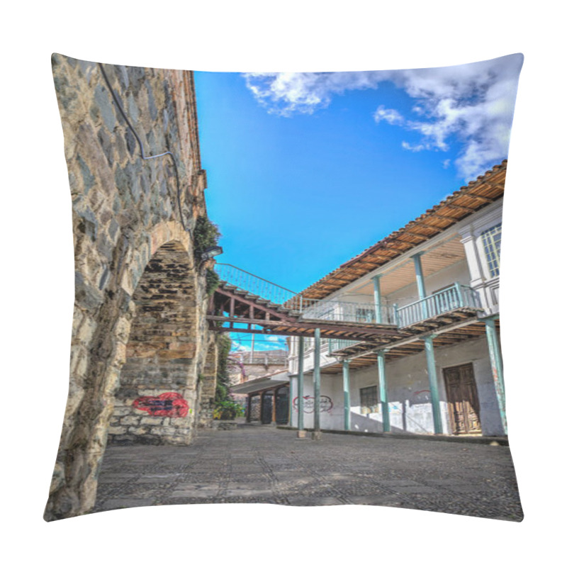 Personality  Old House In Front Of The Ancient And Famous Stone Puente Roto, Or Broken Bridge, On A Sunny Afternoon, Cuenca, Ecuador. Pillow Covers