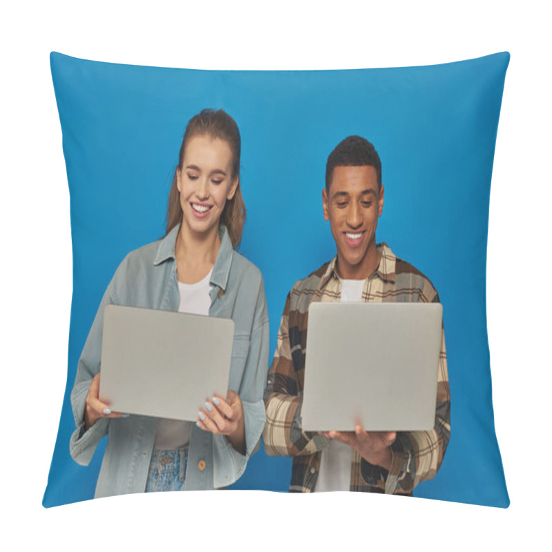 Personality  Happy Interracial Freelancers Using Laptops On Blue Backdrop, Diverse Cultures Man And Woman Pillow Covers