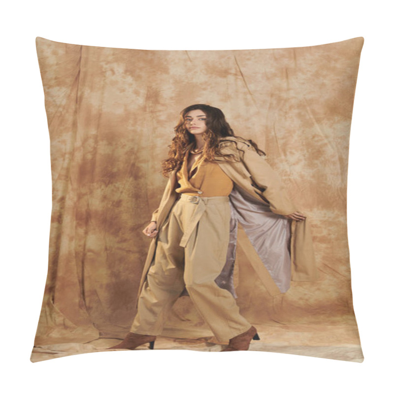 Personality  A Young Woman Exudes Confidence In Her Chic Autumn Outfit, Posing Gracefully Against A Textured Backdrop, Embodying Seasonal Elegance. Pillow Covers