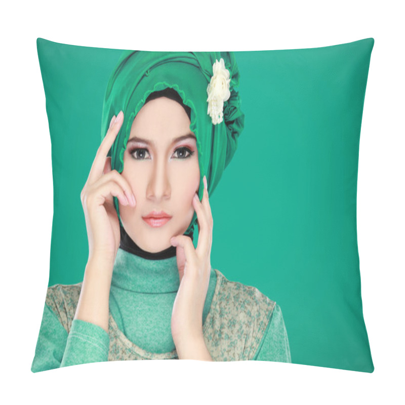 Personality  Fashion Portrait Of Young Beautiful Muslim Woman With Green Cost Pillow Covers