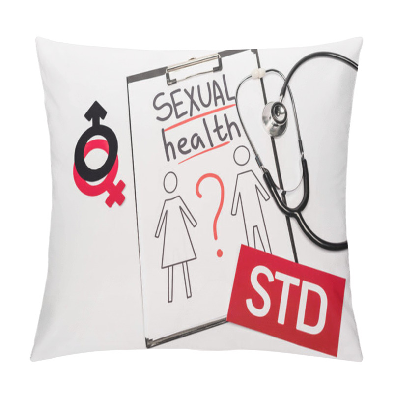 Personality  Top View Of Clipboard With Sexual Health Lettering, Drawn Man And Woman Near Stethoscope, Gender Signs And Std Isolated On White  Pillow Covers