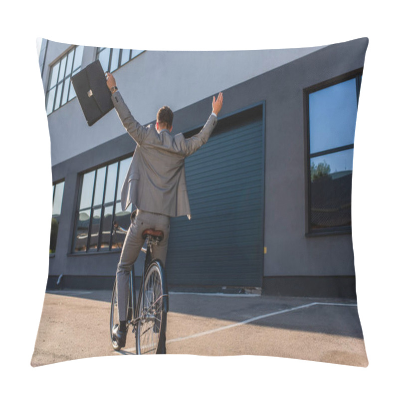 Personality  Back View Of Businessman With Raised Hands Holding Briefcase While Riding Bicycle Outdoors  Pillow Covers