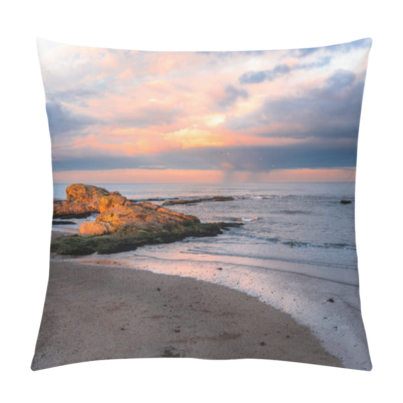 Personality  Beautiful Winter Sunset Over A Sandy Beach With Sunlit Rocks Along The East Coast Of Scotland. St. Andrews, Scotland, UK. Pillow Covers