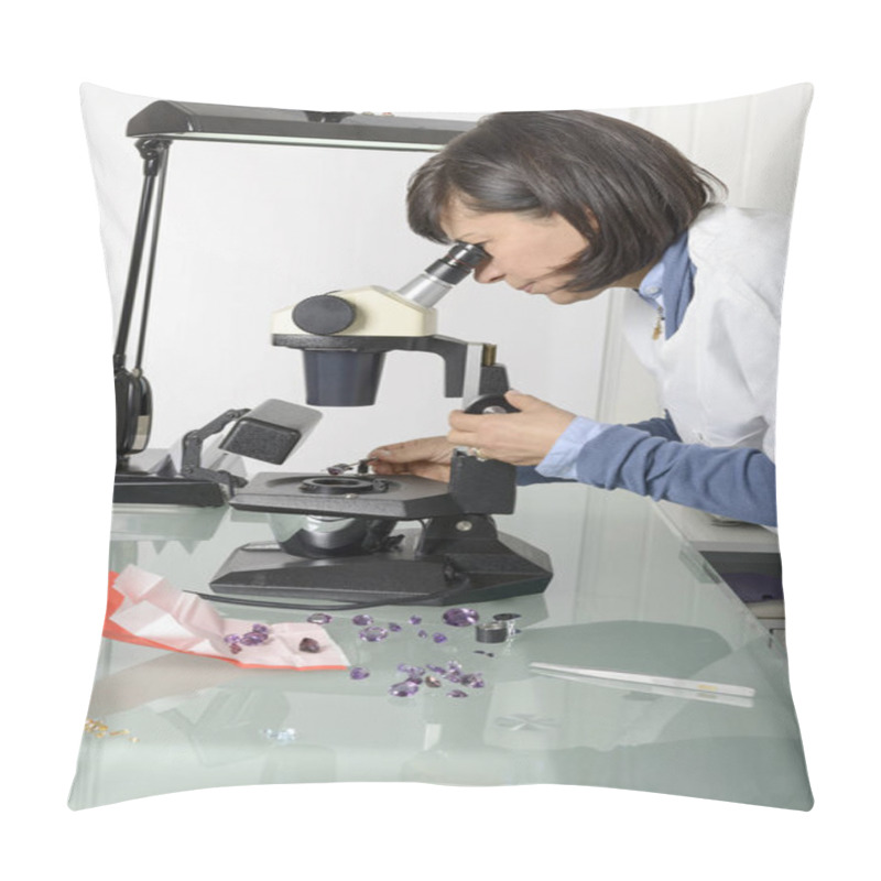 Personality  Woman, Appraiser Gems In Laboratory With Microscope And Gemmology Instruments Pillow Covers