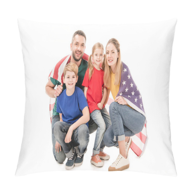 Personality  Smiling Family With American Flag Looking At Camera Isolated On White Pillow Covers