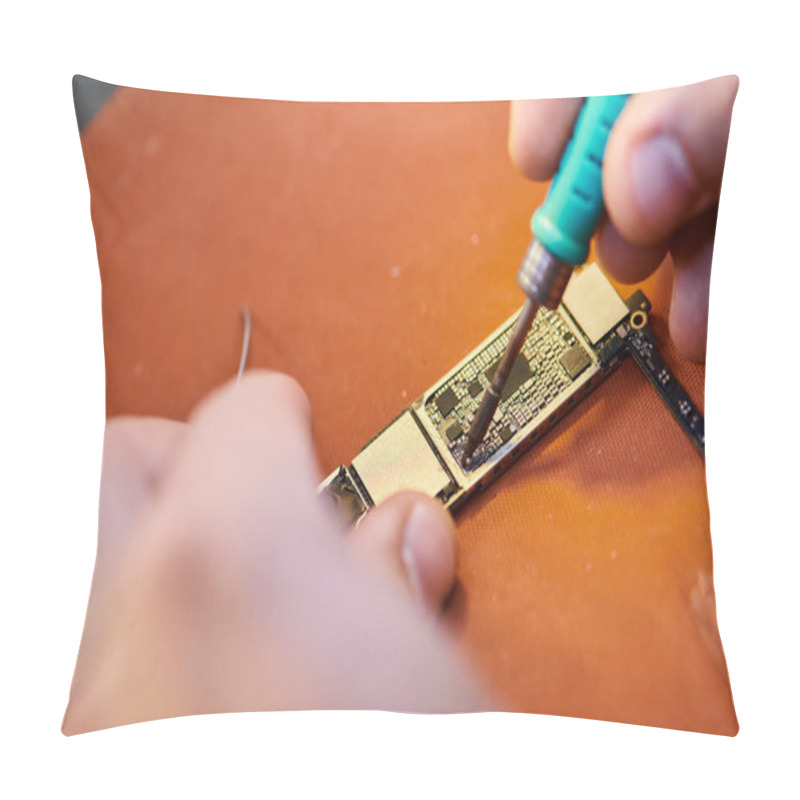 Personality  Close Up View Of Cropped Technician Assembling Chipset By Soldering In Repair Shop, Small Business Pillow Covers