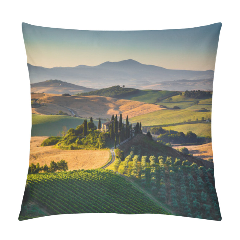 Personality  Scenic Tuscany Landscape With Rolling Hills And Valleys In Golden Morning Light, Val D'Orcia, Italy Pillow Covers