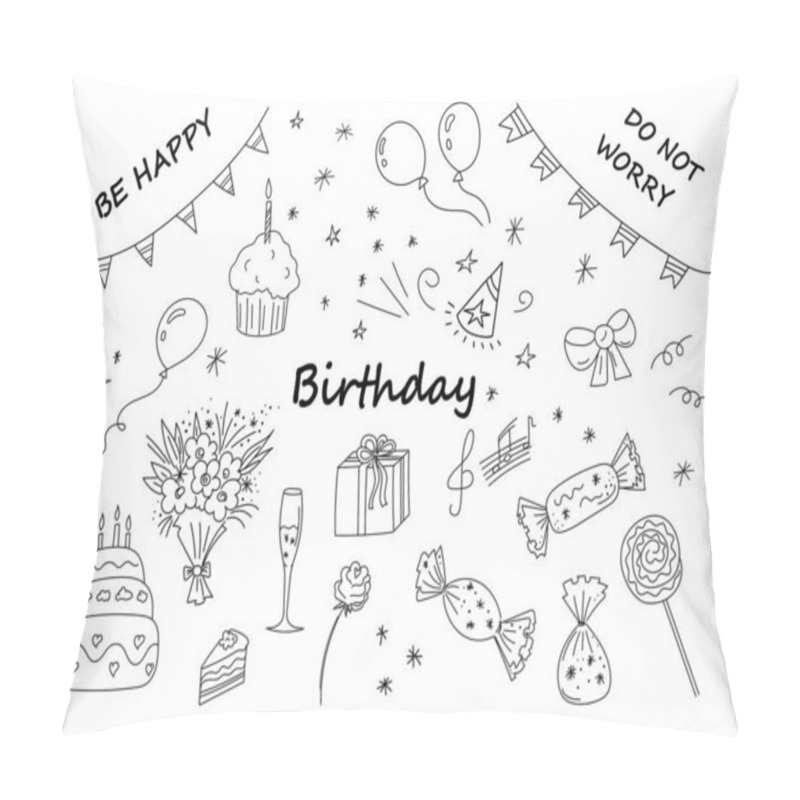 Personality  Set Of Hand-drawn Birthday Elements.Collection Of Different Objects For A Good Mood.Doodle Drawing Style, Minimalism, Sketch.Isolated.Holiday Vector Illustration Pillow Covers