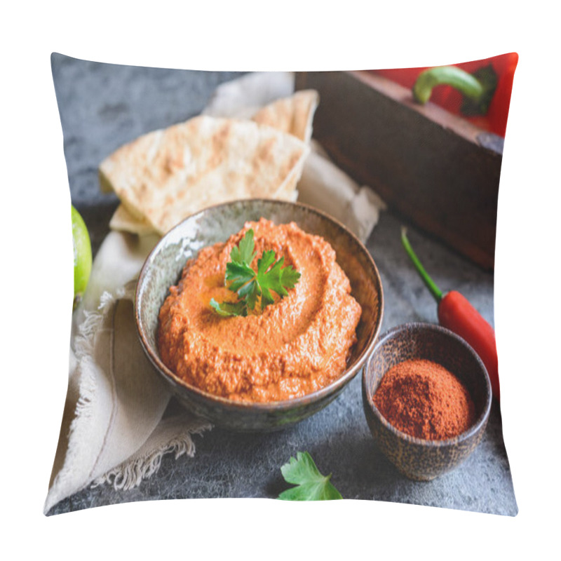 Personality  Muhammara, Healthy Walnut And Roasted Red Bell Pepper Dip Served With Flatbread In A Ceramic Bowl Pillow Covers