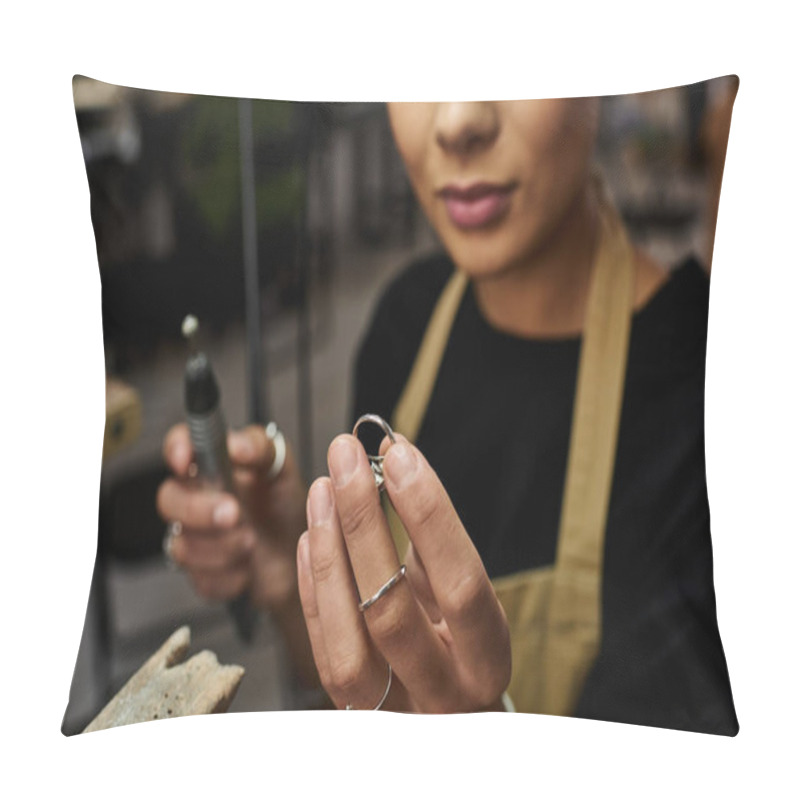 Personality  A Skilled Artisan Carefully Holds A Precious Jewel While Working On Her Craft. Pillow Covers