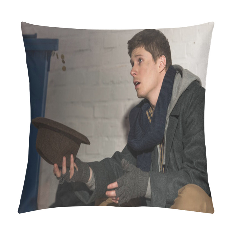 Personality  Destitute Homeless Man Begging While Holding Hat In Stretched Hand Pillow Covers