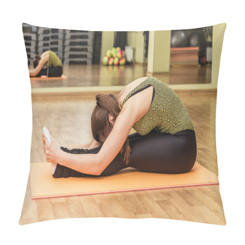 Personality  Young Woman In A Yoga Stretching Head To Knee Pose Pillow Covers