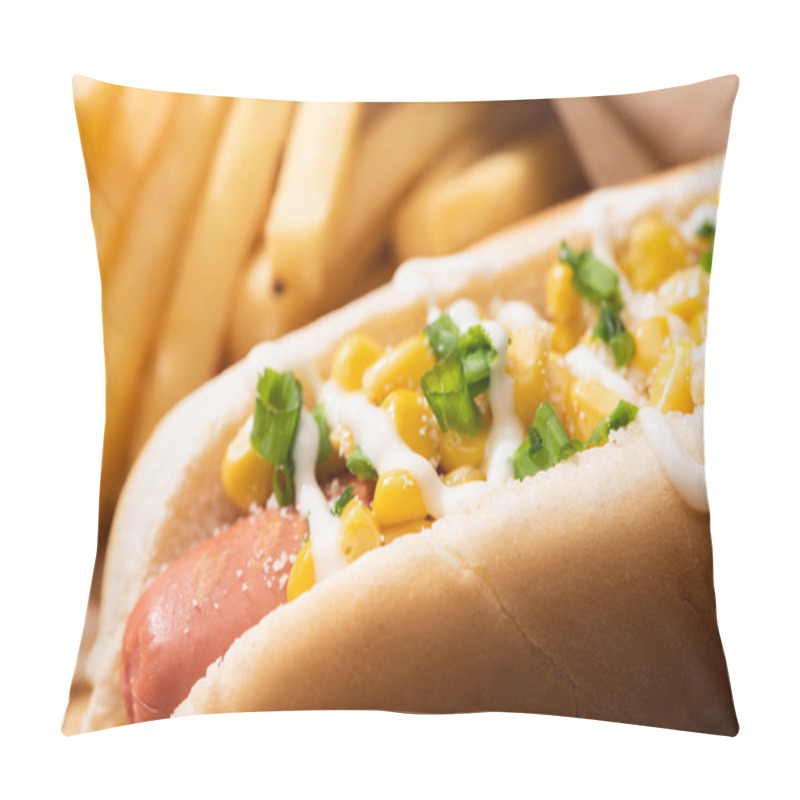 Personality  Close Up View Of Delicious Hot Dog With Corn, Green Onion And Mayonnaise Near French Fries Pillow Covers