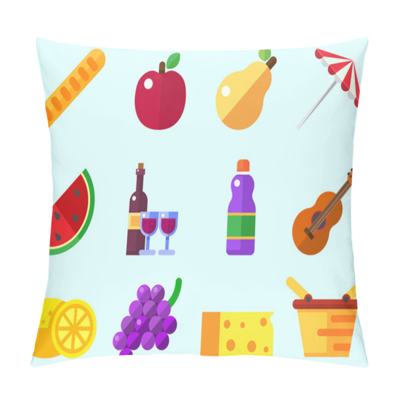 Personality  Summer Picnic Icon: Umbrella, Guitar, Basket With Food, Fruits, Barbecue. Pillow Covers