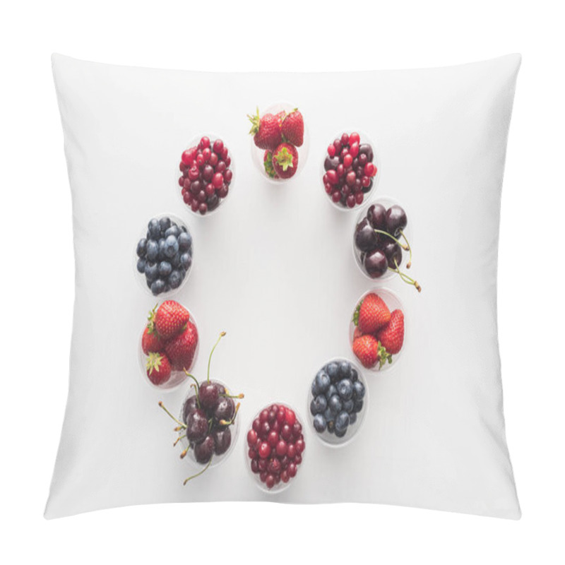 Personality  Top View Of Whole Cranberries, Whole Strawberries, Blueberries And Cherries In Plastic Cups  Pillow Covers