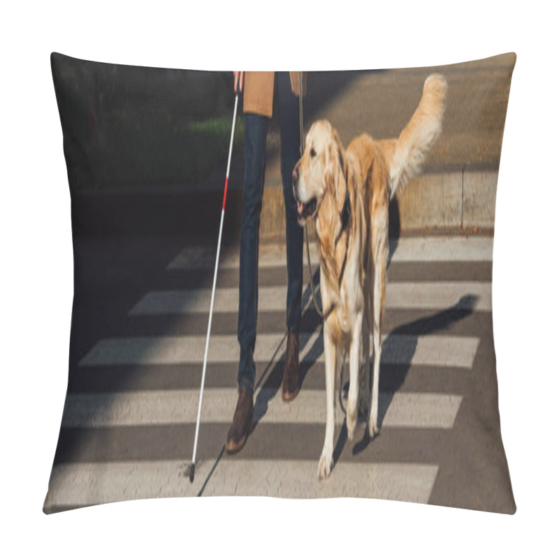 Personality  Cropped View Of Blind Man With Guide Dog Walking On Crosswalk, Panoramic Shot Pillow Covers