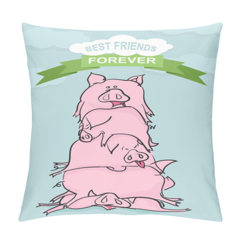 Personality  Best Friends Forever. Funny Pig. Farm Animals On Blue Background Pillow Covers