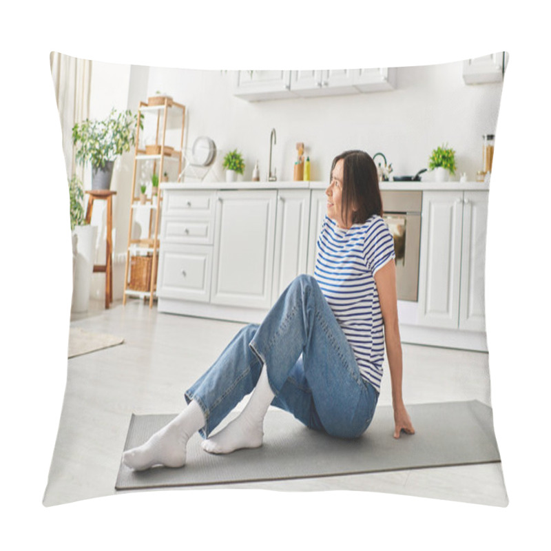 Personality  Mature Woman In Cozy Homewear Engaging In Yoga On A Mat In Her Living Room. Pillow Covers