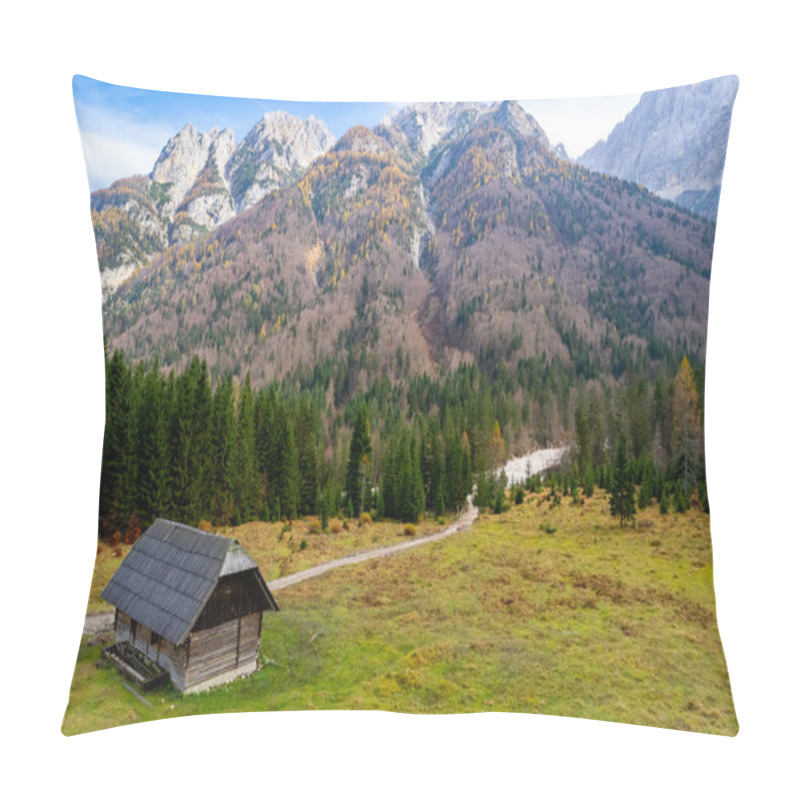 Personality  Drone Aerial Of Wooden Mountain Hut Overlooking Autumn Valley In The Julian Alps, Slovenia. Holiday Wooden House Pillow Covers