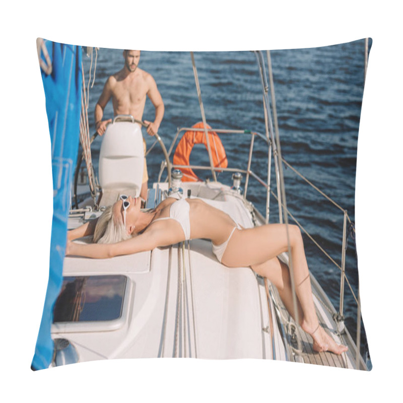 Personality  Attractive Young Woman In Bikini And Sunglasses Having Sunbath While Her Boyfriend Steering Yacht  Pillow Covers