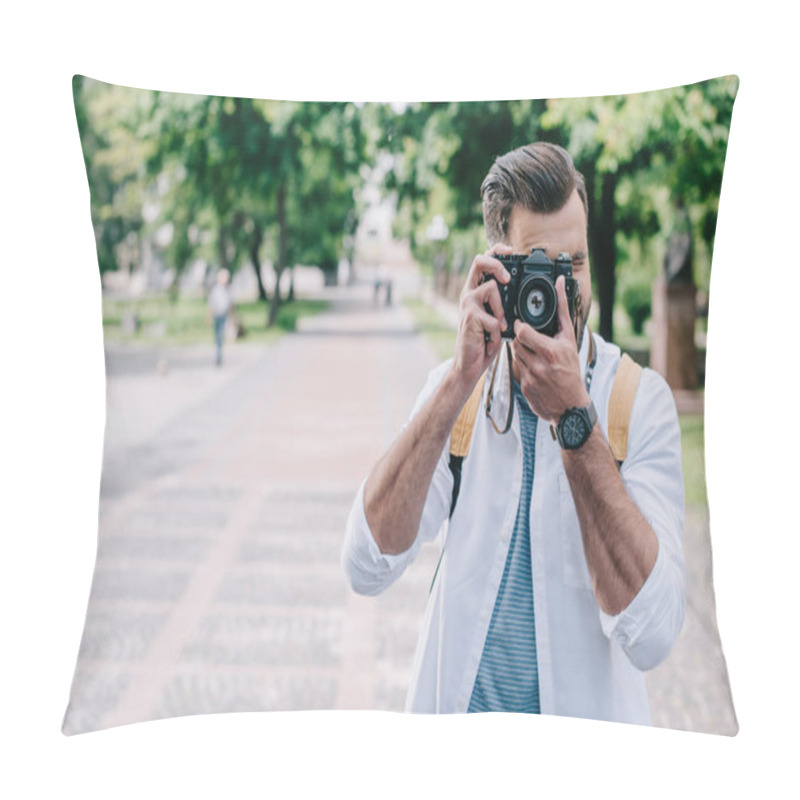 Personality  Man Covering Face While Taking Photo On Digital Camera  Pillow Covers