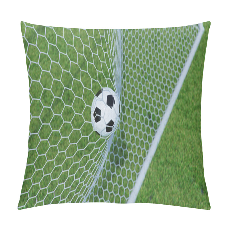 Personality  3D Illustration Soccer Ball Flew Into The Goal. Soccer Ball Bends The Net, Against The Background Of Grass. Soccer Ball In Goal Net On Grass Background. A Moment Of Delight Pillow Covers