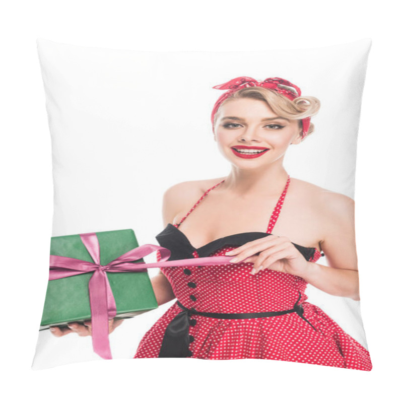 Personality  Portrait Of Happy Young Pin Up Woman Untying Gift Box Isolated On White Pillow Covers