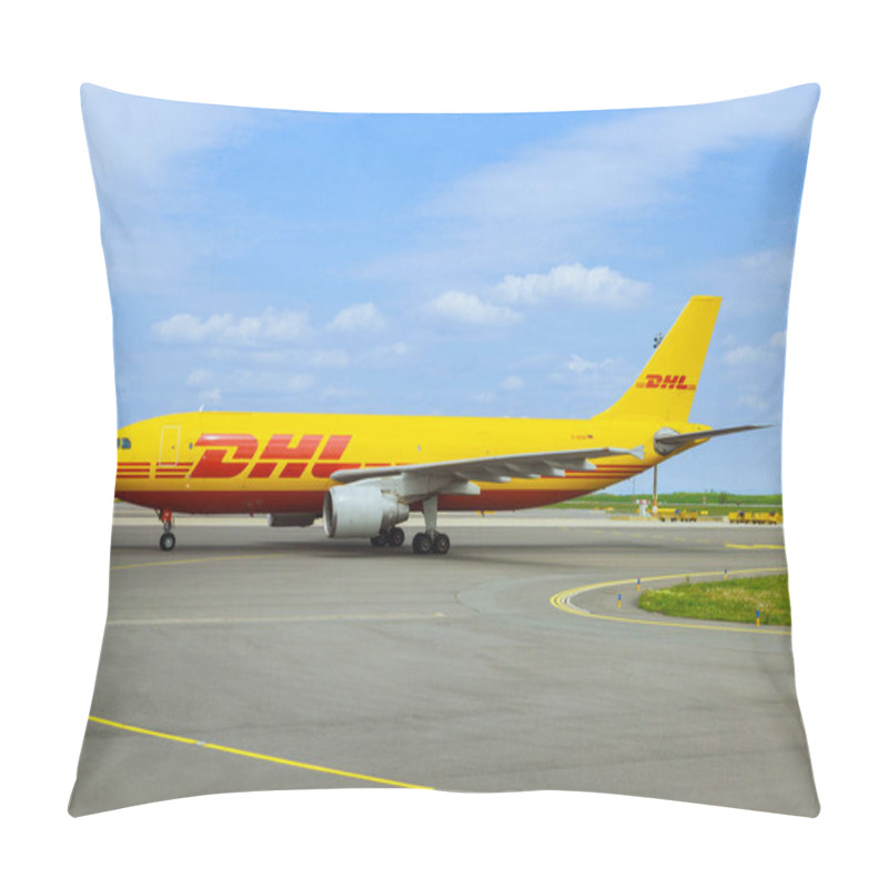 Personality  27 April 2023 Austria, VIE Vienna At Vienna Airport VIE In Austria DHL Airbus A300-600F Plane Is Preparing To Depart On Runway Pillow Covers