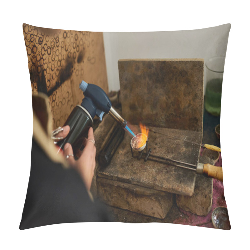 Personality  A Dedicated Artisan Uses A Torch To Melt Metal, Creating Exquisite Jewelry Designs. Pillow Covers