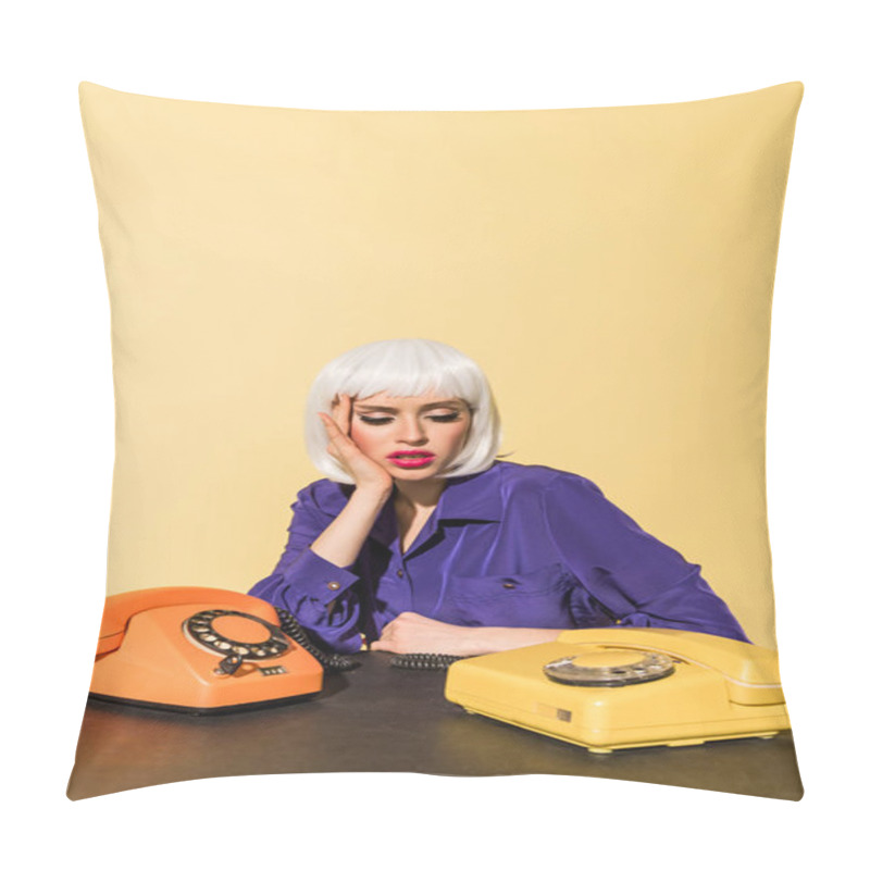 Personality  Tired Woman In White Wig With Old Telephones Isolated On Yellow Pillow Covers