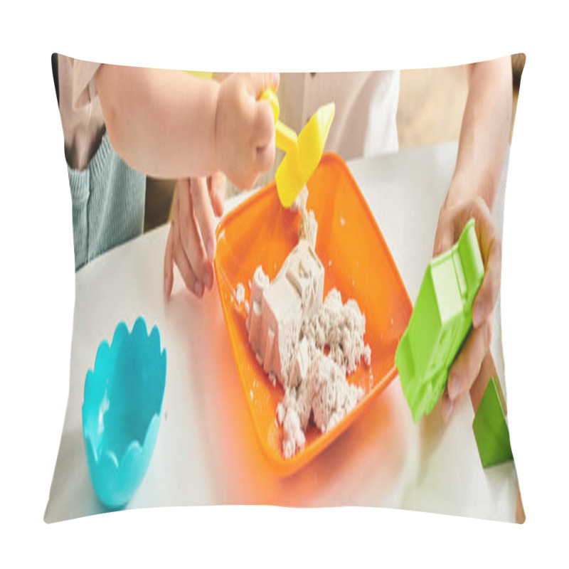 Personality  Toddler Girl Exploring And Playing With A Plastic Container Of Food In A Montessori-inspired Learning Environment At Home. Pillow Covers