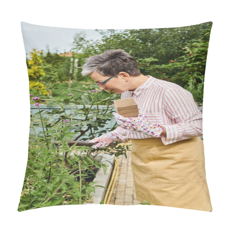 Personality  Attractive Jolly Mature Woman With Glasses And Gloves Using Gardening Equipment On Her Flowers Pillow Covers