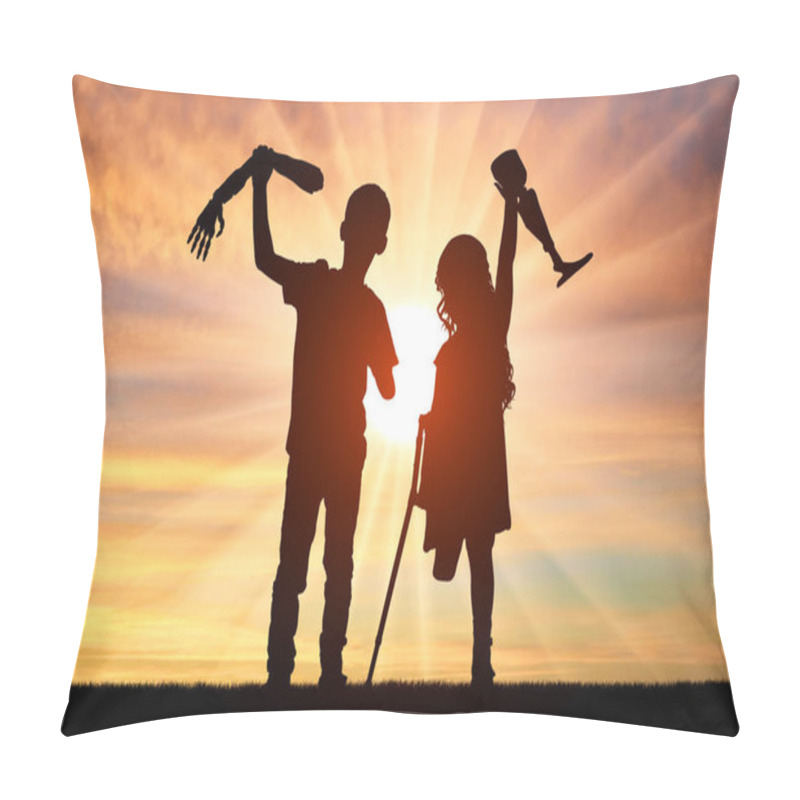 Personality  Silhouettes Disabled Boy Holds Up A Prosthetic Arm, While The Girl Raises A Prosthetic Leg, Symbolizing Resilience And The Indomitable Human Spirit. Perfect For Themes Of Overcoming Adversity, Strength, And Empowerment Pillow Covers