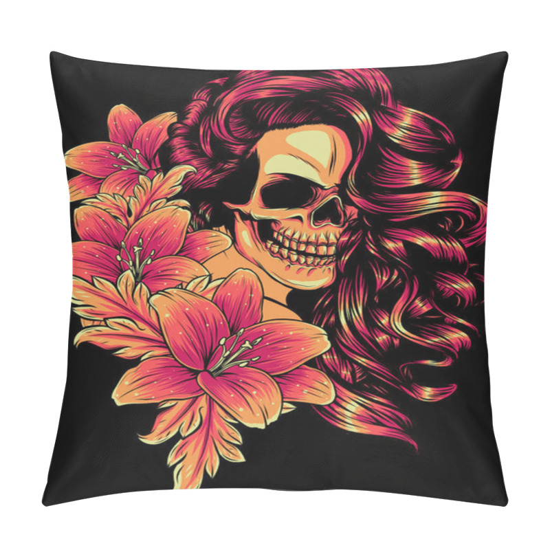 Personality  Vector Illustration Of Woman Skull With Flower Lily Pillow Covers