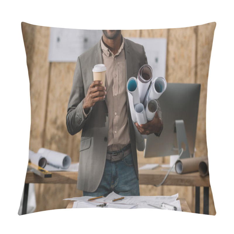 Personality  Cropped Shot Of Smiling Architect With Coffee To Go And Rolled Blueprints At Workplace Pillow Covers