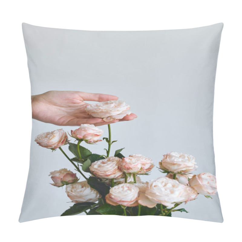 Personality  White-pink Roses In The Hands Of A Happy Woman. Rose Petal Close-up. Beautiful Holiday Spring Bouquet. Florist Girl With Blossom Flower. Fresh Floral Bunch. Romantic Surprise From A Loved One Pillow Covers