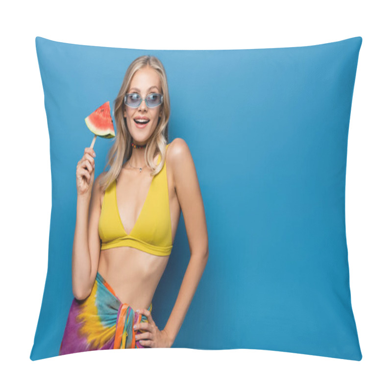 Personality  Happy Young Woman In Yellow Bikini Top Holding Popsicle Stick With Watermelon On Blue Pillow Covers