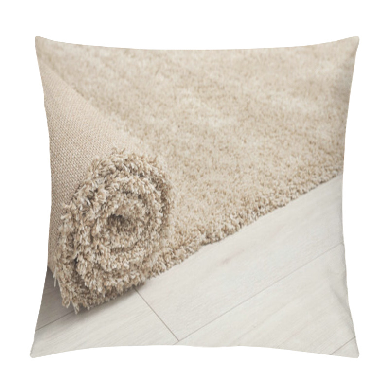 Personality  Rolled Beige Carpet On Floor, Closeup. Space For Text Pillow Covers