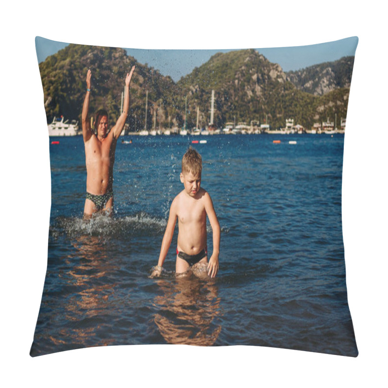 Personality  Man And Six-year-old Child Playing At Sea, Icmeler, Turkey Pillow Covers