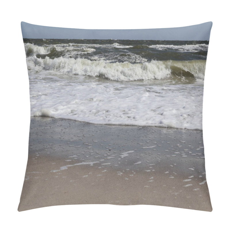 Personality  Calm Shoreline Captured With Foamy Ocean Waves Gently Reaching The Sandy Beach Under A Clear Blue Sky, Illustrating The Serene Connection Between Land And Sea. Pillow Covers